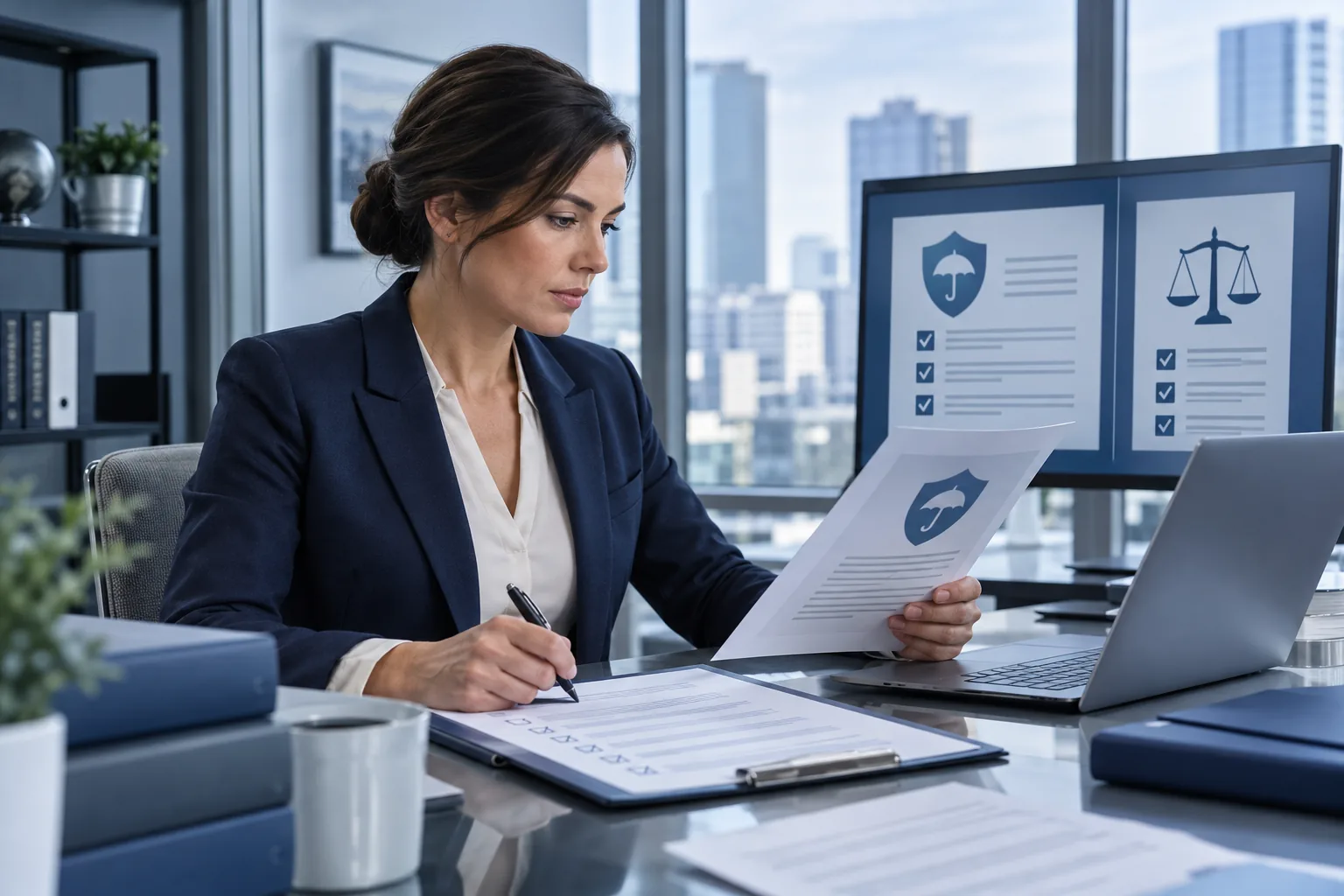 Compliance consultant reviewing insurance policies and controls