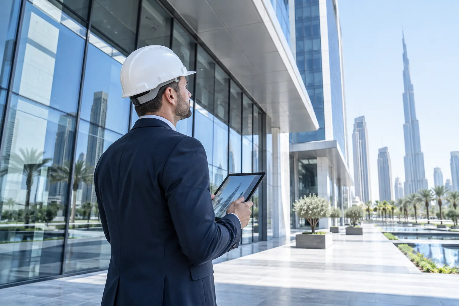 Risk consultant assessing a modern commercial property