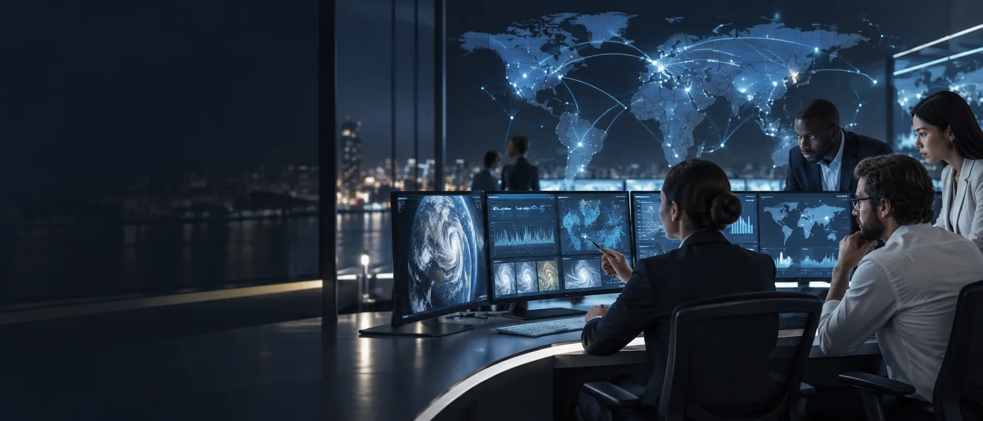 Insurance operations specialists reviewing global risk analytics