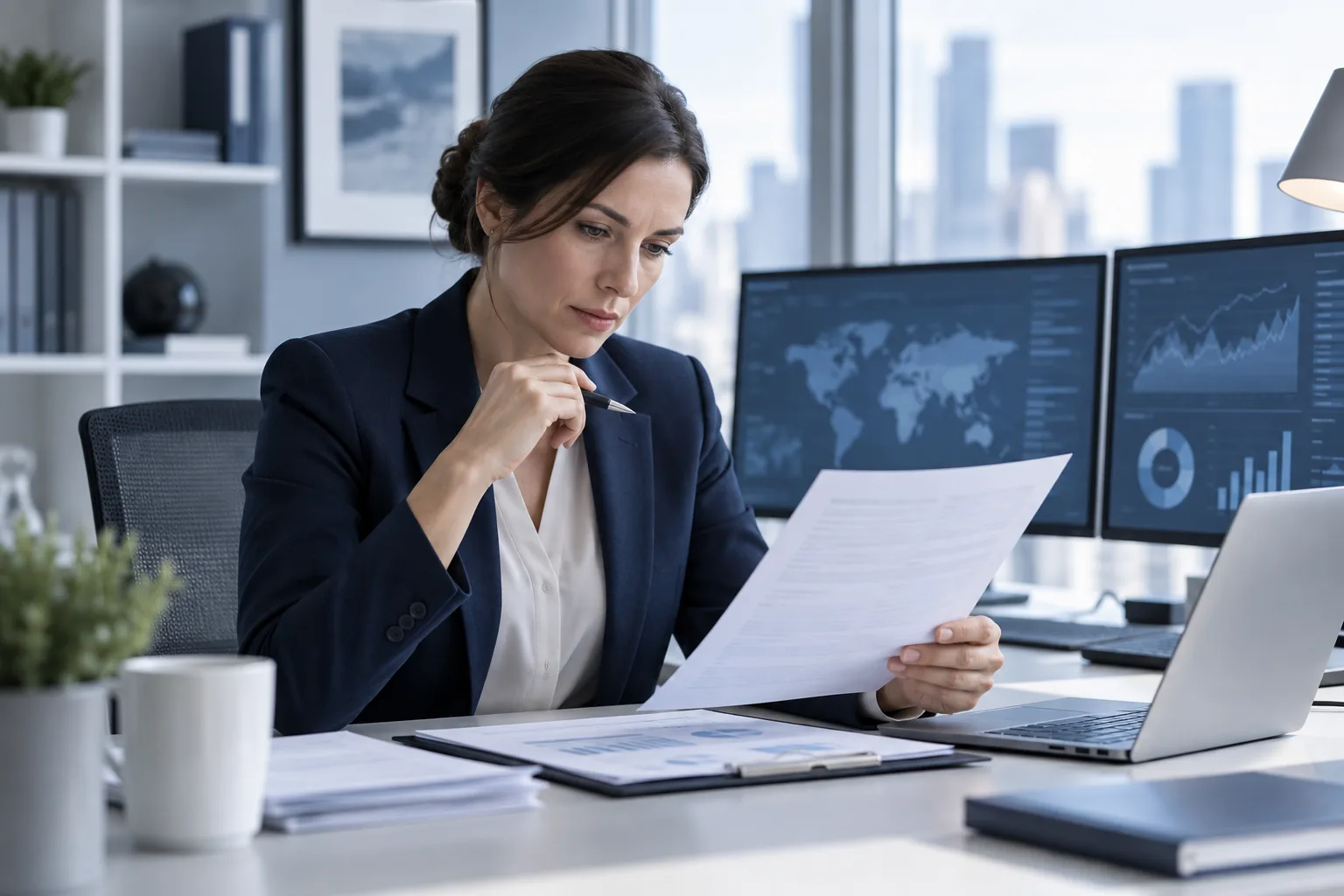 Insurance underwriter reviewing risk documents and analytics